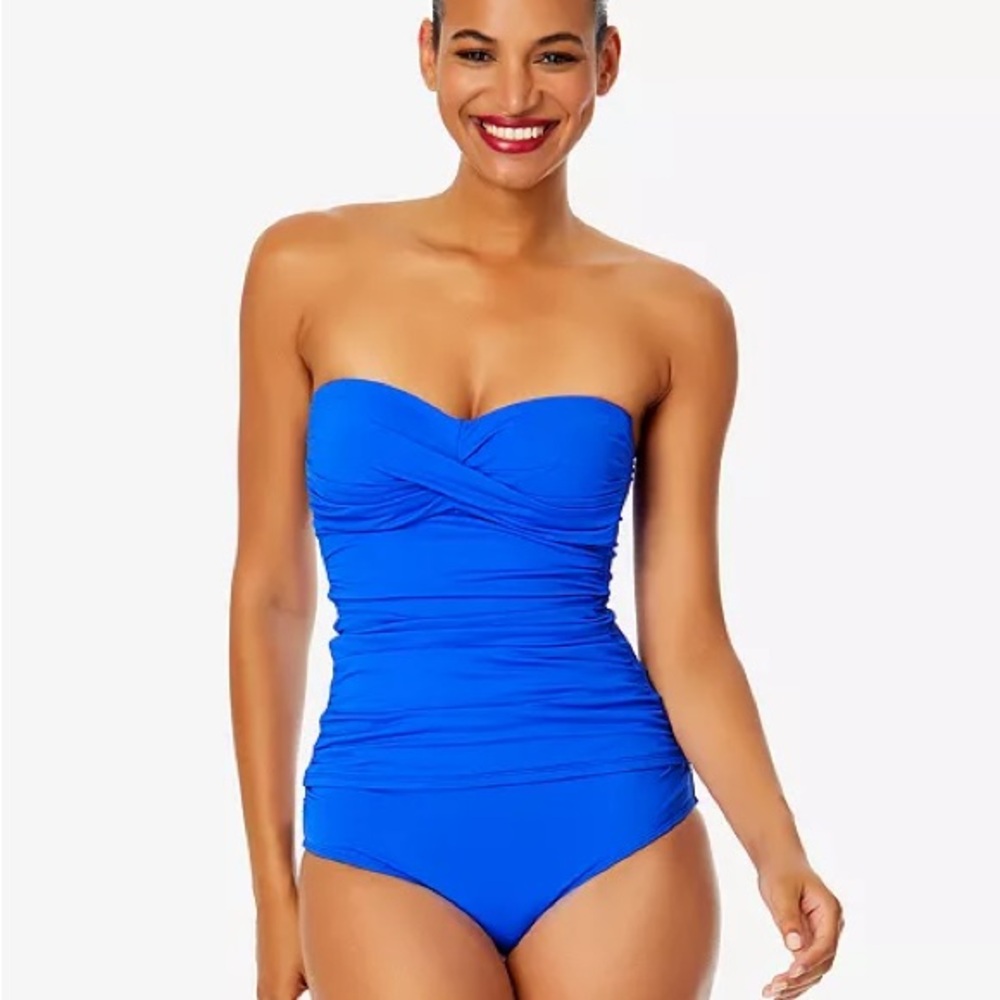 NWT Anne Cole Twist-Front Ruched Tankini Top Blue Strapless Women's Swimsuit